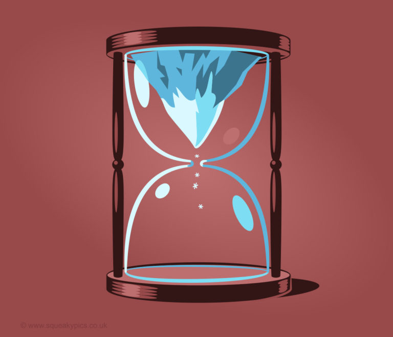 A graphic illustration of an hourglass with a mountain in it.