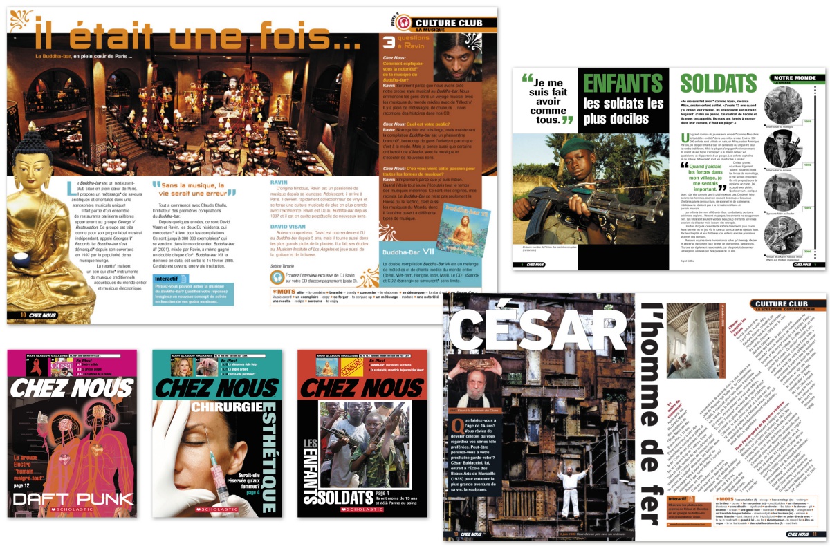 magazine design, spreads from French language magazine for teenagers, with topics on art, music, beauty and politics