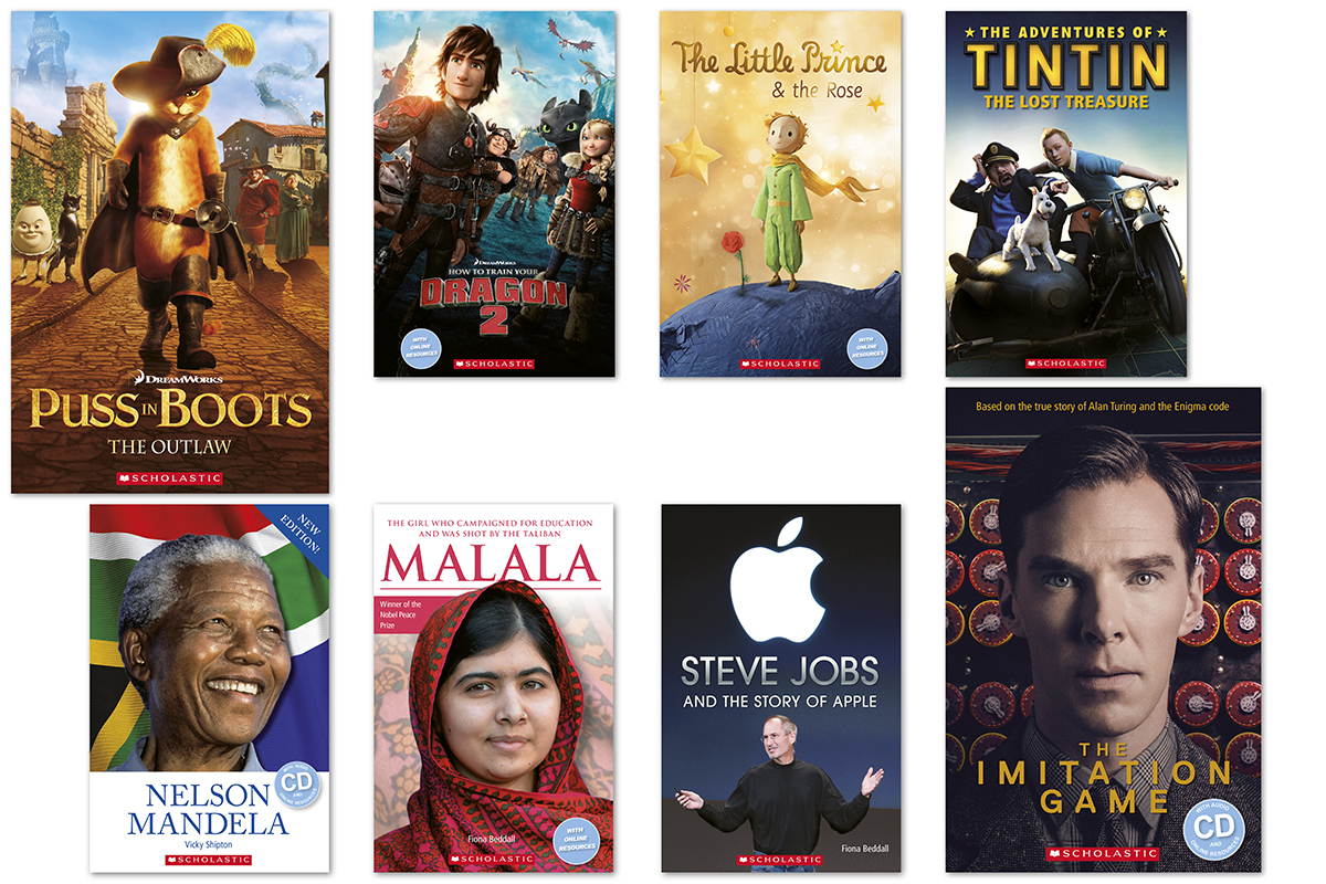 book cover designs for Scholastic ELT readers, Puss in Boots, How to Train Your Dragon, The Little Prince, Tintin, Nelson Mandela, Malala, Steve Jobs, The Imitation Game