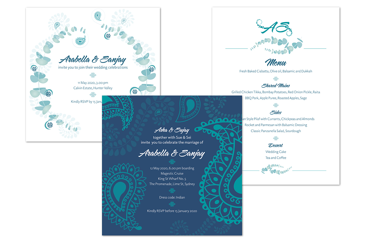 graphic design of Asian wedding stationery with eucalyptus and paisley