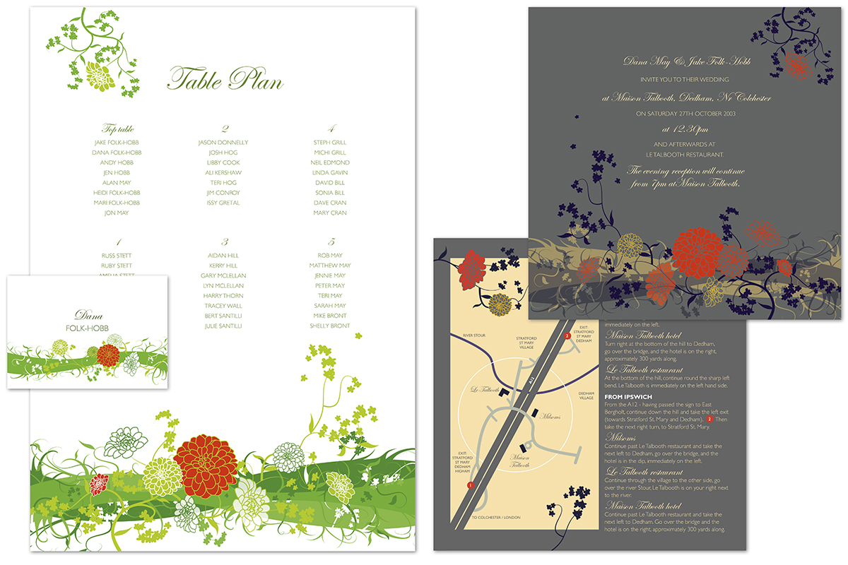 graphic design of wedding stationery with dahlia illustration