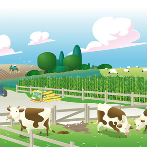 grapghic illustration of cows and sheep in a field