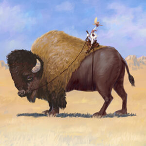 digital painting of a bird riding a buffalo