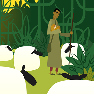 Animation Still of a farmer holding a lion cub amongst a flock of sheep