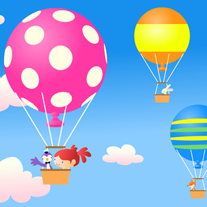 Cartoon illustration of a little girl in a baloon with a bird
