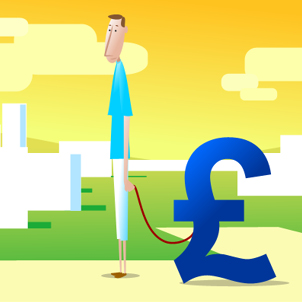 Animation still of a man with a pound sign on a leash