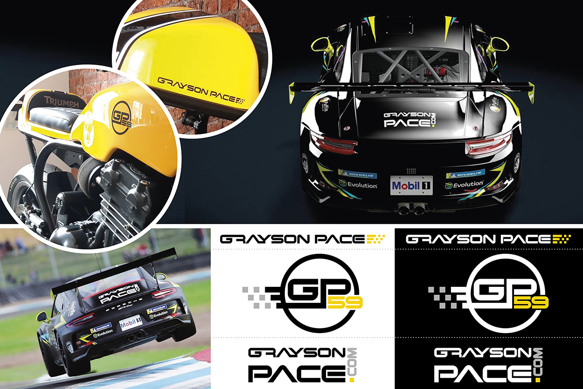 photo of racing car and motorbike with Grayson Pace logo design, graphic design