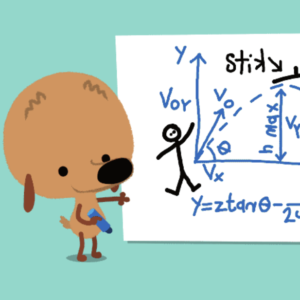 Still fof an animated dog next to a whiteboard with calculations on it